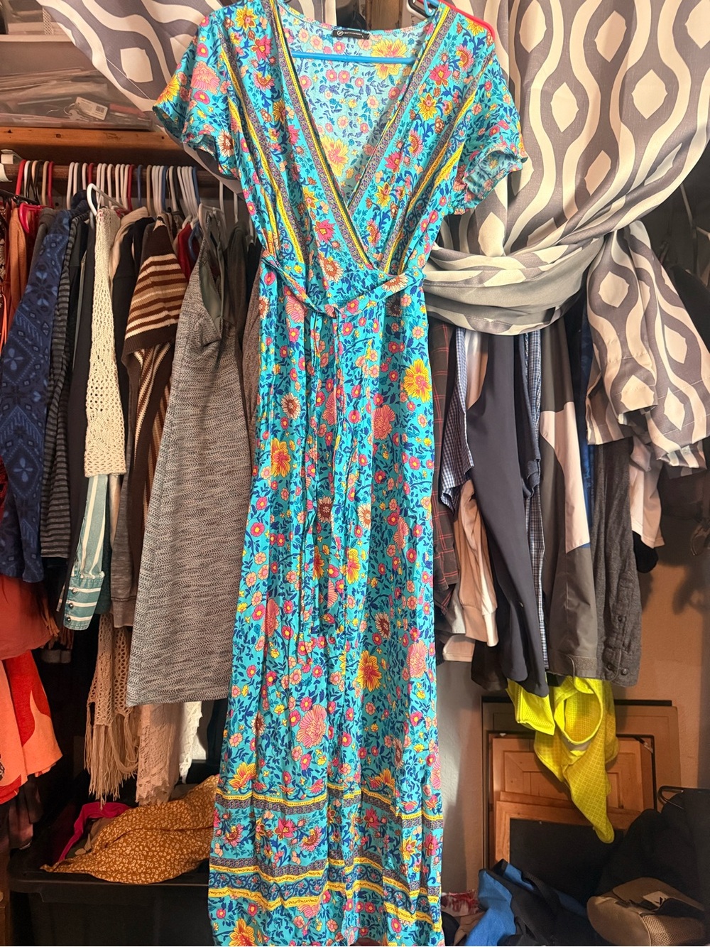Bright Turquoise Floral Maxi Wrap Dress with Tie Waist
